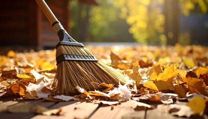 Close-Up of a Broom Sweeping Leaves and Insulation on Wooden Surface