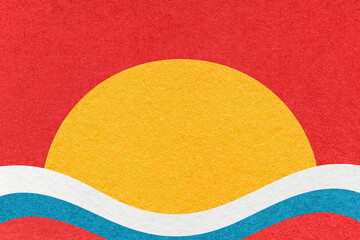 Red textured paper background with yellow circle for copy space and white, blue waves for banner, presentation