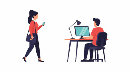 Young Office Workers Vector Illustration with Woman on Smartphone and Man at Computer