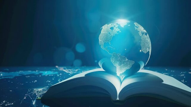 Earth floating in a starry sky, symbolizing knowledge and exploration. A book or globe with our planet's map on the cover.