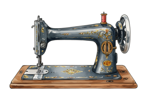 Illustration Of A Vintage Sewing Machine With Ornate Gold Details