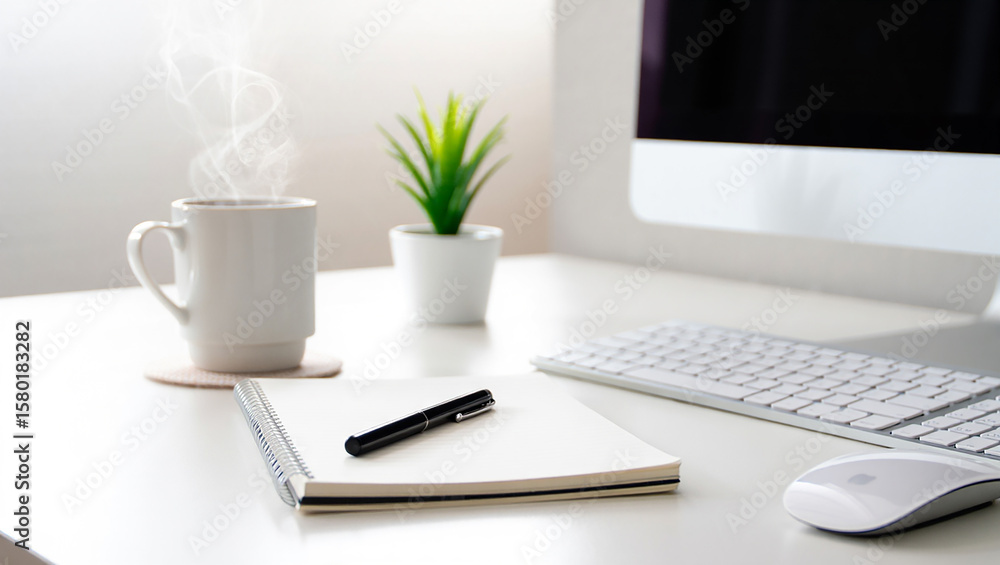 Poster white desk with coffee and computer keyboard mouse