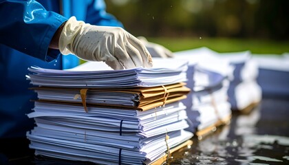 Close-Up of Gloved Hand Sorting Through Soggy Documents Outdoors