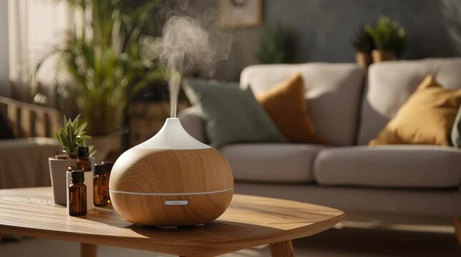 Essential oil diffuser on wooden table with aroma bottles in cozy living room releasing steam for home wellness therapy relaxation and natural air purification with sunlight and soft cushions