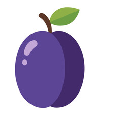 A single, ripe plum with a stem and leaf, presented in a simple, stylized illustration.