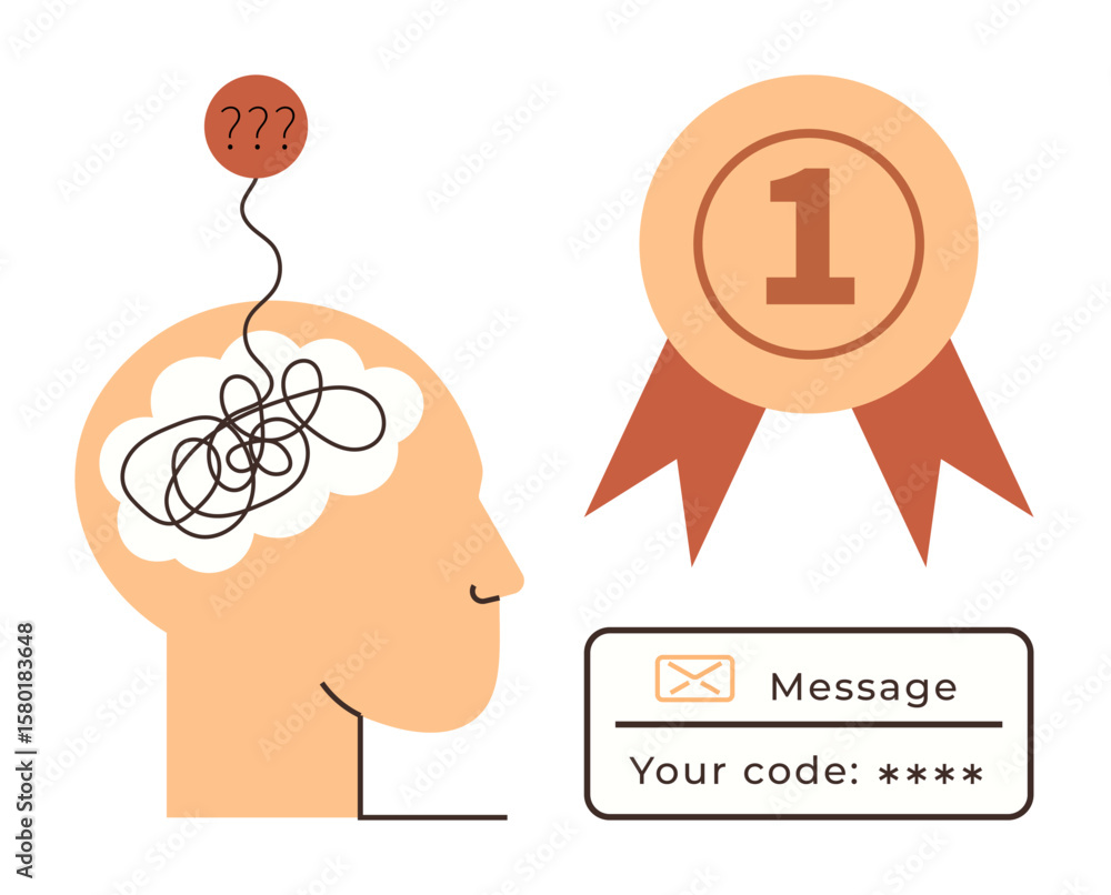 Poster tangled thoughts in head with question marks, symbolizing confusion, next to first-place badge with 