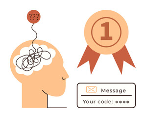 Tangled thoughts in head with question marks, symbolizing confusion, next to first-place badge with secure message box. Ideal for problem-solving, creativity, decision-making, success, mental health