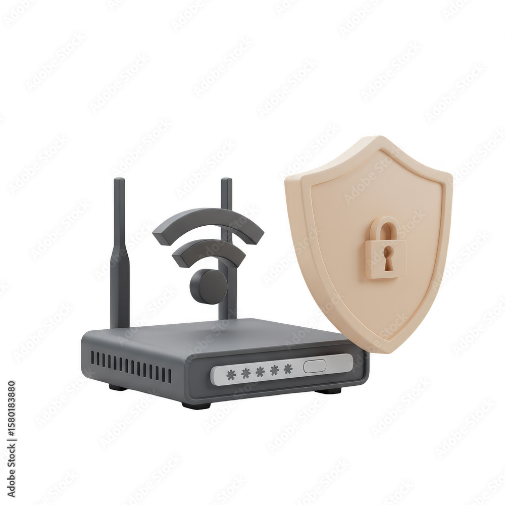 Poster 3d router with shield protecting internet security wireless network