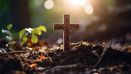 Small Wooden Cross Upright Amidst Natural Debris with Soft Lighting