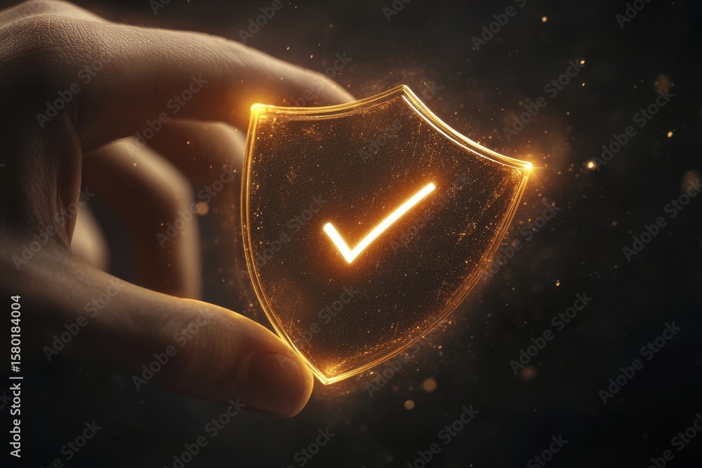 Poster hand holding a glowing shield with a check mark. secure payment success represented by a glowing shi