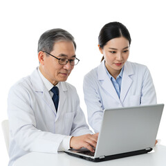 Obraz premium Doctors Reviewing Laptop Results Asian Man Woman on Transparent Background