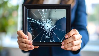 Young Girl Holding Cracked Frame Showing Damage Close Up in Focus
