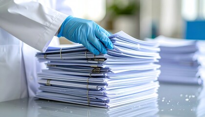 Close Up of Gloved Hand Sorting Through Soggy Documents on Table