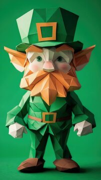 Handmade paper craft leprechaun wearing a green hat, celebrating St Patrick's Day. Vibrant and festive decoration for the holiday.