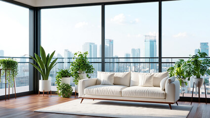 Fototapeta premium Modern Living Room With City View sofa plants