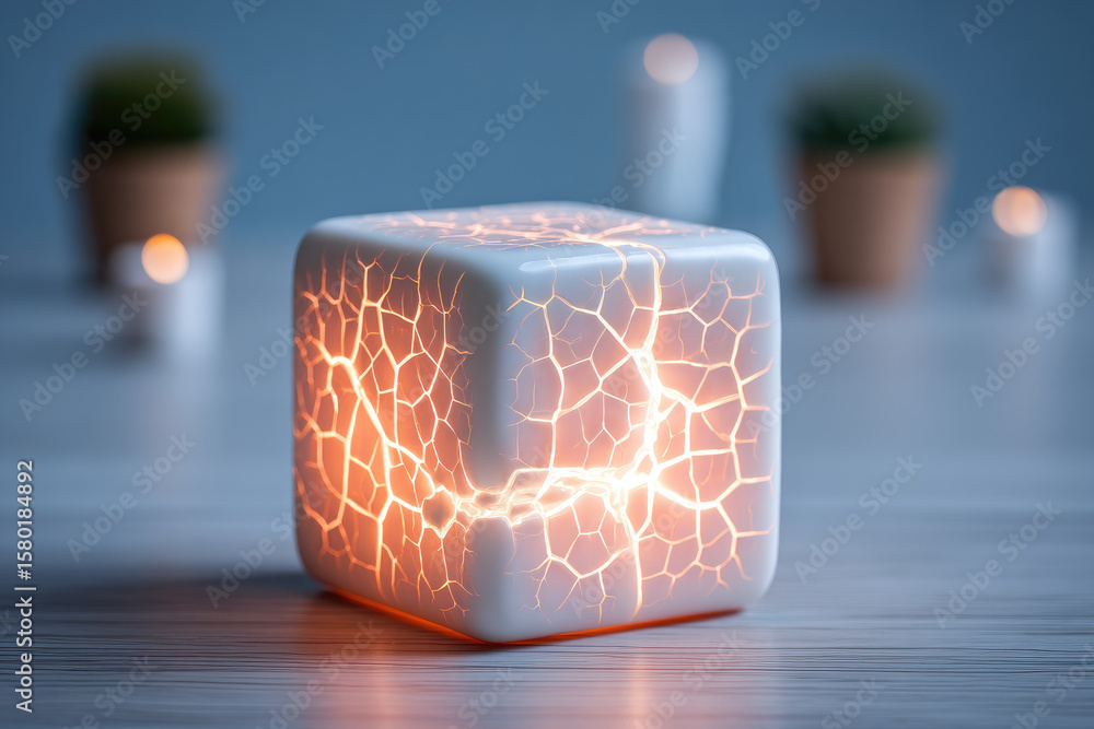 Aufkleber glowing abstract cube with cracked light pattern on smooth surface, modern minimal design, soft focu
