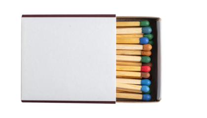 Colorful pack of matches with a mix of vintage wear and modern design, featuring a slightly worn matchbox and multicolored match heads. 