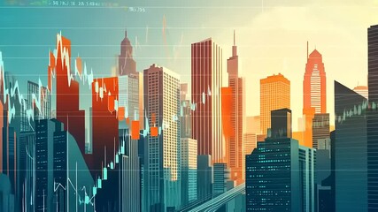 Vibrant city skyline with financial graphs overlaying skyscrapers at sunset, symbolizing economic growth - Powered by Adobe