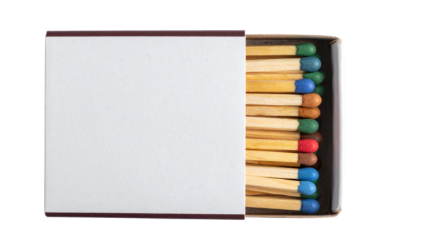 Colorful pack of matches with a mix of vintage wear and modern design, featuring a slightly worn matchbox and multicolored match heads. 