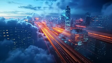 Futuristic city skyline at twilight with vibrant light trails and clouds enhancing the atmosphere - Powered by Adobe