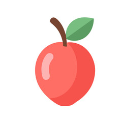 Fototapeta premium A single, ripe red apple with a green leaf and stem.