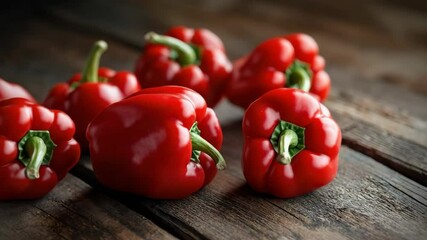 A group of ripe red bell peppers on a rustic wooden table, offering a vibrant and appealing culinary . - Powered by Adobe