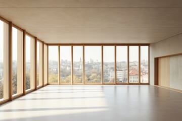 Obraz premium A large, empty room with a view of the city. Spacious and bright empty room with large floor to ceiling wooden framed windows, 3D Rendering.