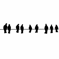 Vector silhouette of a group of pigeons perched on an electric pole cable.