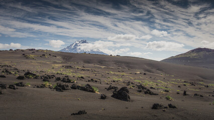 Majestic volcanic landscape features black lava fields, scattered rocks, and distant snow-capped...
