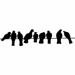 A group of pigeons sitting on a wire on a white background. A group of pigeons perched on a wire. Vector silhouette