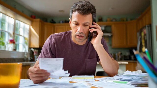 Man reviewing bills on phone call: A man sits at his kitchen table, reviewing bills and making a phone call, surrounded by paperwork.  The image conveys stress and financial burden.
