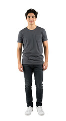 Fototapeta premium Full Body Portrait Of a Man Standing in Casual Gray Outfit on Transparent