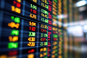 Close up of a stock market board with many numbers and green and red lights. Stock market and trading concept digital graph.