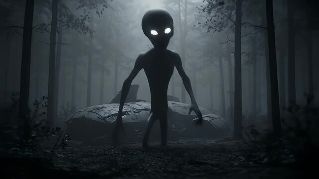 Monochromatic Pixelated Alien Guarding Crashed Ufo Amidst Foggy Forest in Eerie Animation