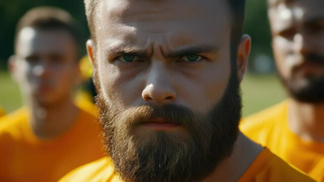 Bearded male athlete with serious expression and focused gaze