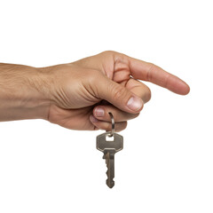 Hand Holding A Metal Key With Finger Pointing In Transparent Background