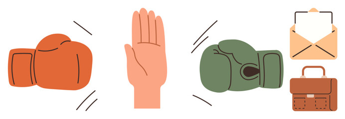 Boxing gloves clashing with a raised hand, envelope, and briefcase signify negotiation, communication, decision-making, professionalism. Ideal for teamwork, conflict resolution, business