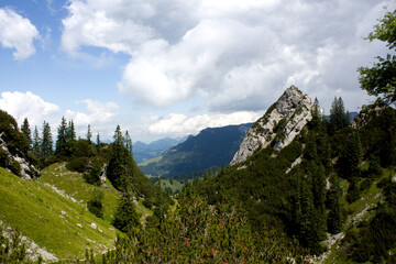 Obraz premium Serene mountain landscape in Tyrol, Austria showcasing lush greenery and dramatic rock formations under a partly cloudy sky