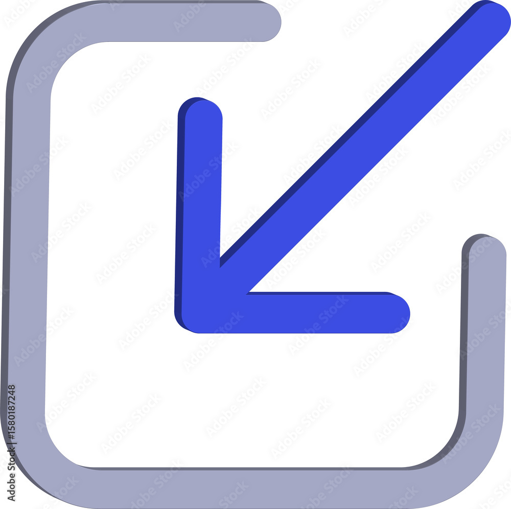 Fototapete 3d blue arrow pointing down and left inside a rounded square frame isolated on transparent backgroun