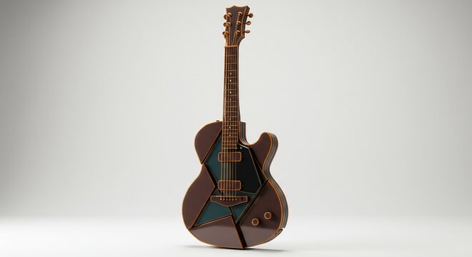Abstract geometric guitar in brown and teal against a plain white studio background