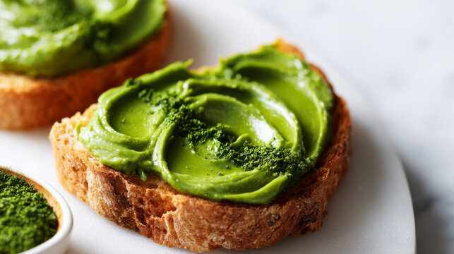 Matcha spread on toasted bread slice with creamy texture and vibrant green color, perfect for healthy snack or breakfast