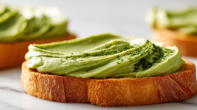 Matcha bread with creamy green tea spread on toasted bread slice, fresh and delicious snack with smooth texture
