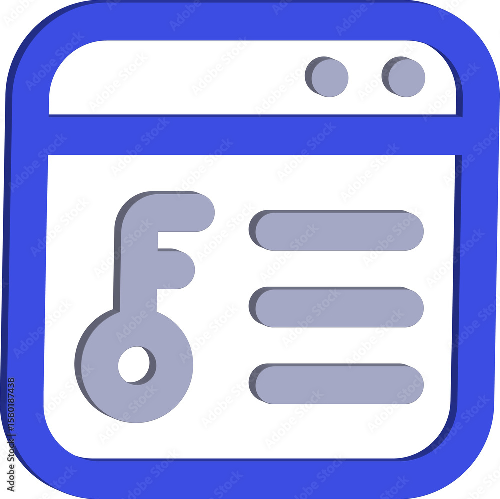 Poster stylized 3d icon representing a digital document or web page with a key symbol and bullet points iso