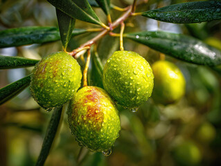 Fototapeta premium Glossy olives attached to a stem with elongated green leaves, showcasing natural texture and moisture