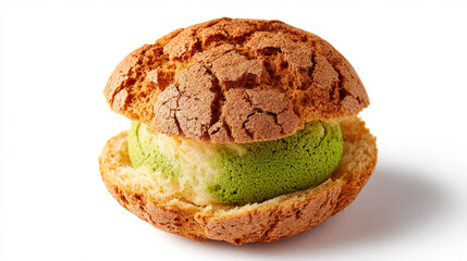 Soft cream puff with green tea and vanilla ice cream filling, delicious dessert with crunchy shell and smooth texture
