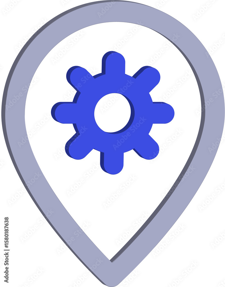 Poster blue gear icon inside a location pin symbol representing settings or configuration for navigation an