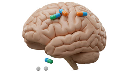 Illustration Human Brain with Scattered Pills on Transparent Background