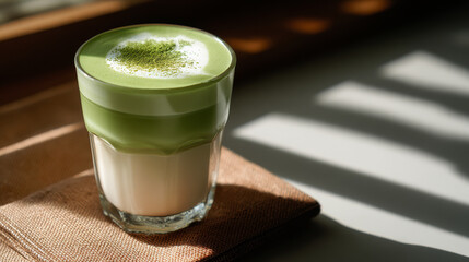 Green matcha latte with creamy foam and powder topping in glass on textured cloth with soft sunlight and shadow