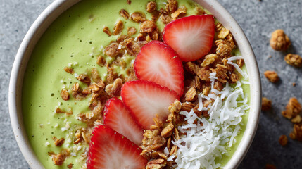 Green smoothie bowl topped with fresh strawberry slices, granola, and shredded coconut, offering healthy and vibrant breakfast