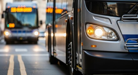 Front view of a city bus on a street, urban public transportation, modern city transit, sustainable urban mobility, and daily commute.